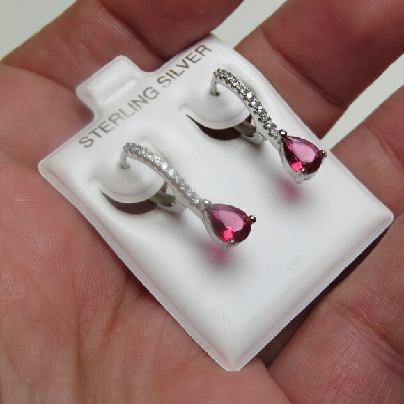 Sterling Lab Created Ruby Earring Hand Crafted Dangling - Picture 2 of 3